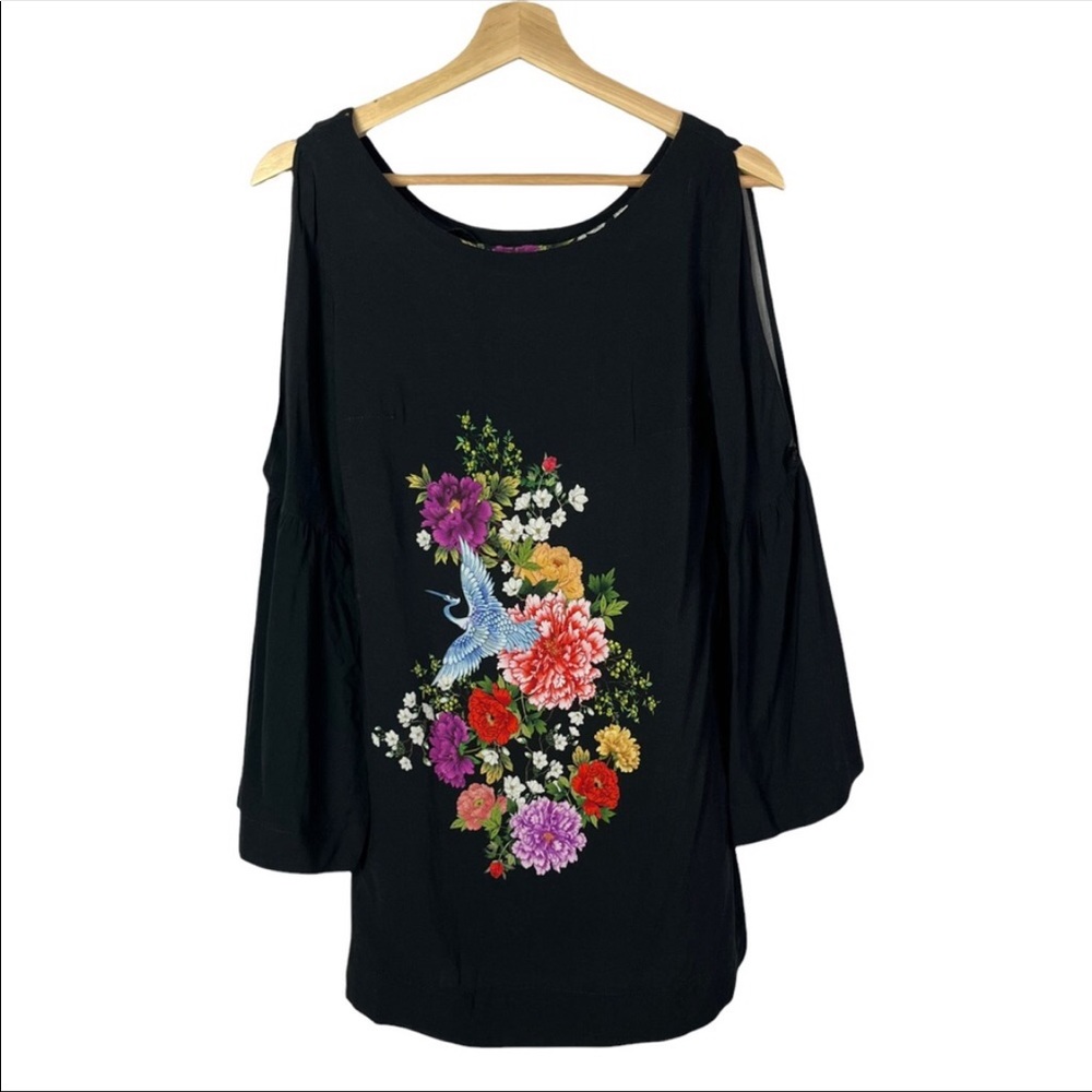 Farm Rio Black Floral Long Bell Sleeve Tunic Top